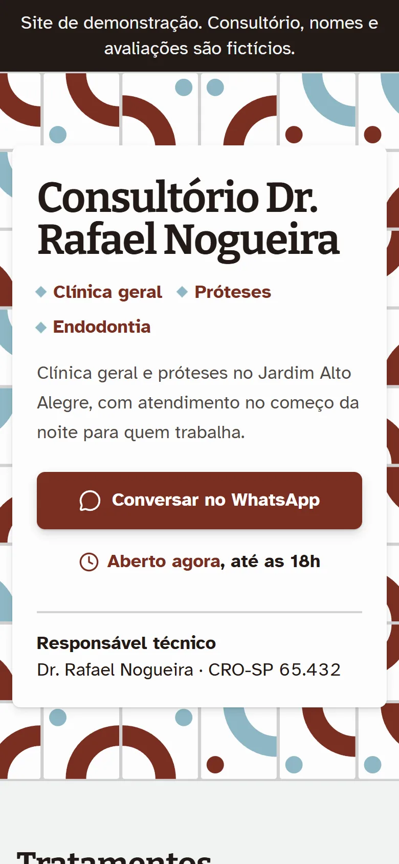 Primeira tela do site de demonstração Consultório Dr. Rafael Nogueira no celular
